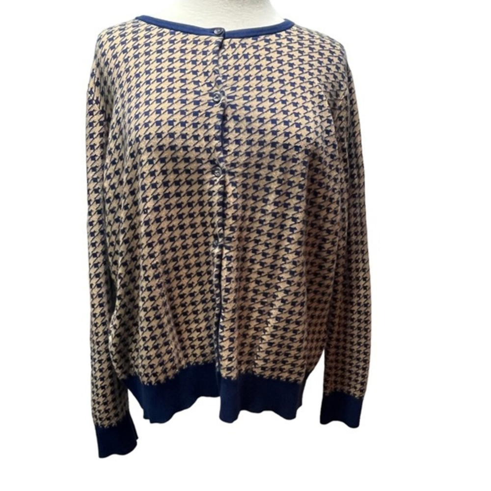 Lands End Womens Navy Blue Tan Houndstooth‎ Cotton Cardigan Sweater #386
